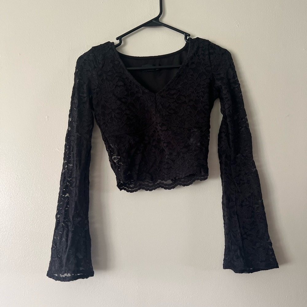 Black Embellished Bell Sleeve Crop Top